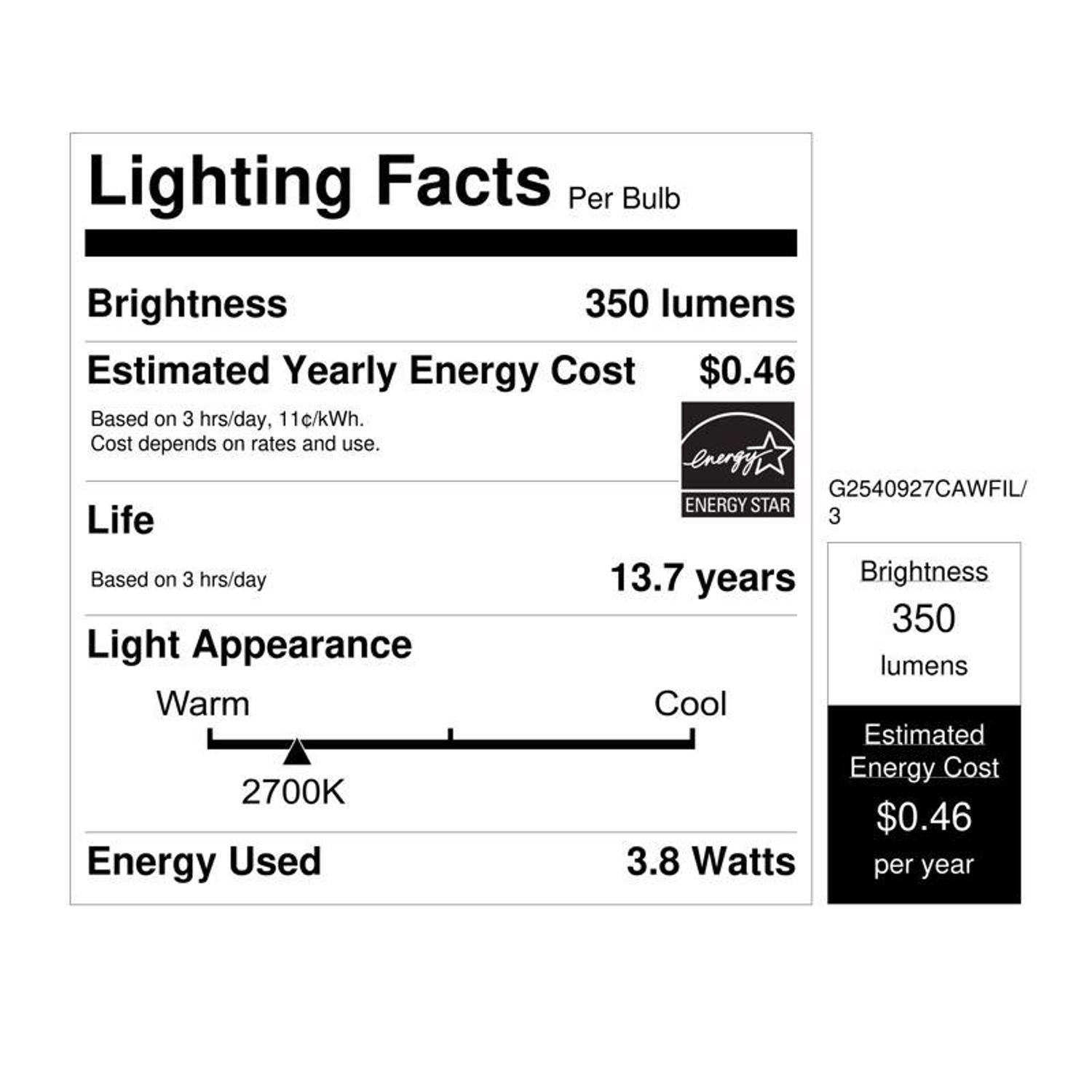 Feit White G25 E26 (Medium) Filament LED Bulb Soft White 40 Watt Equivalence 3 pk