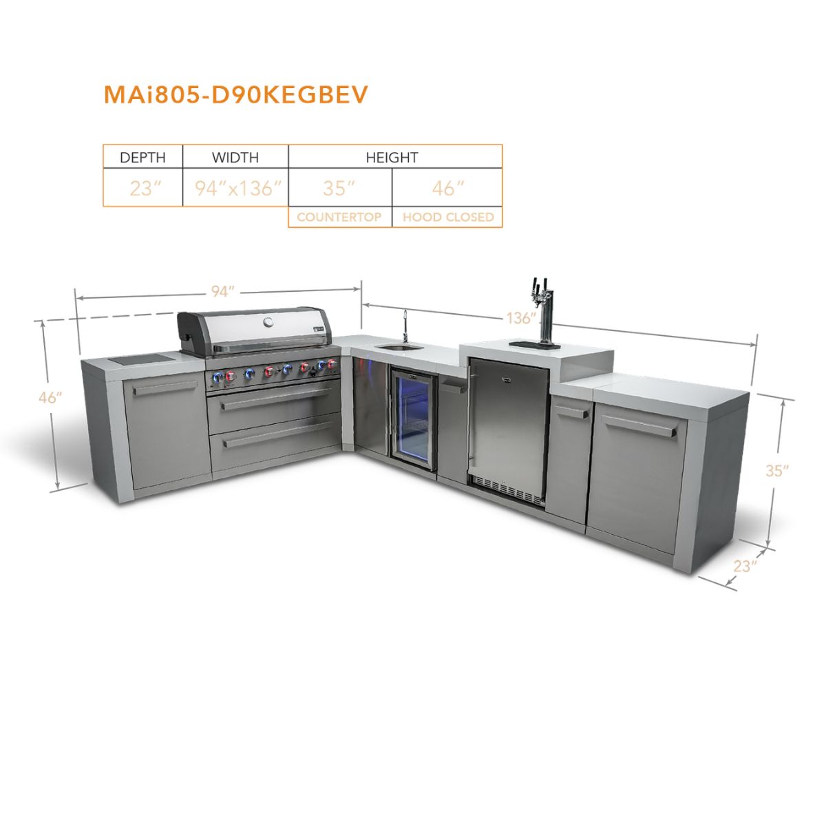 Mont Alpi 6-Burner Deluxe Island with a 90-Degree Corner, Kegerator, and Beverage Center