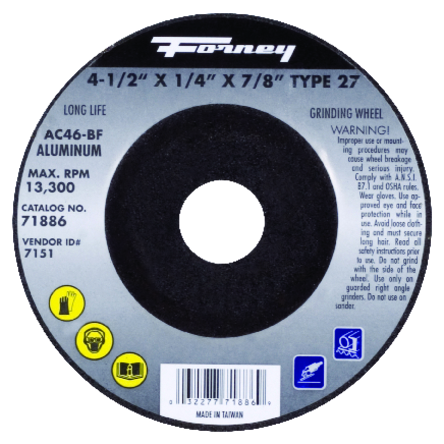 Forney 4-1/2 in. D X 7/8 in. in. Metal Grinding Wheel