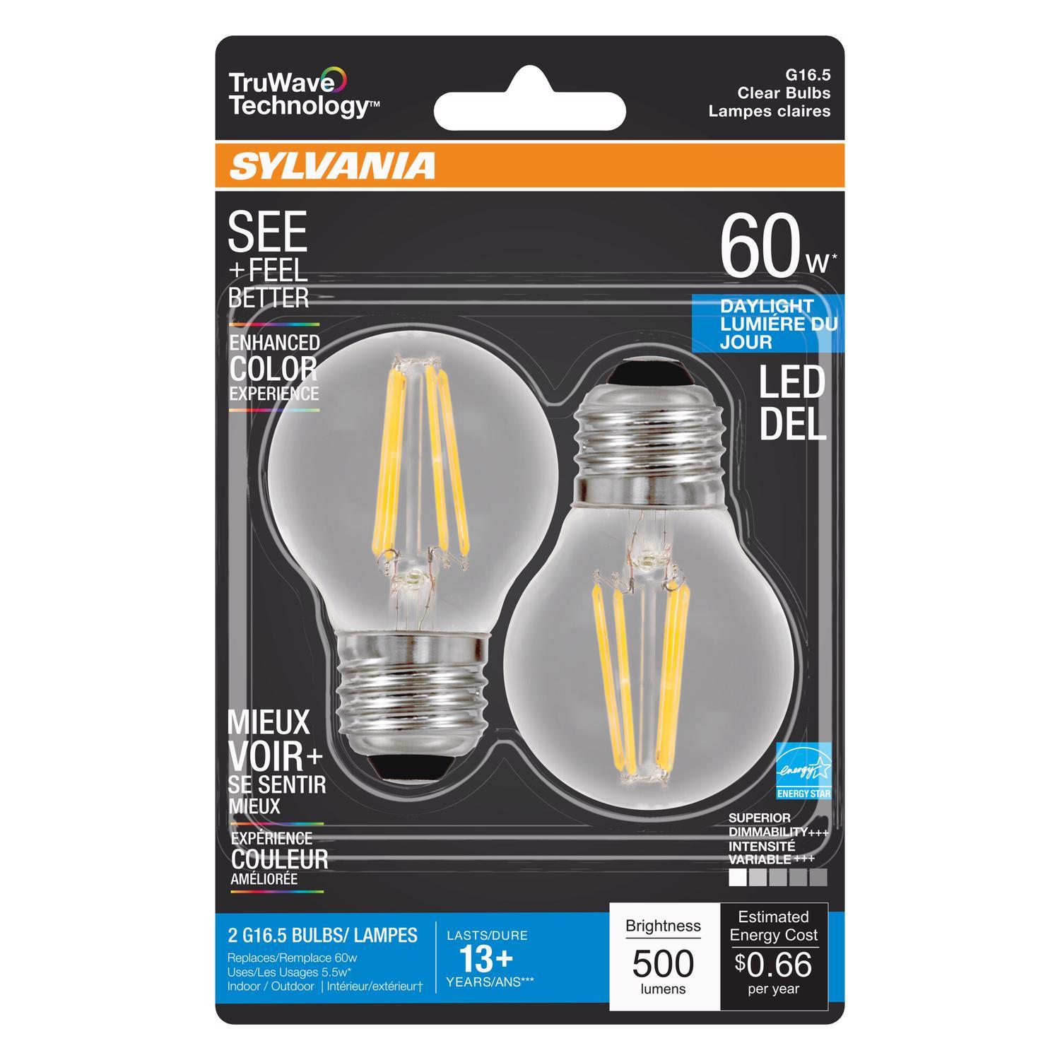 Sylvania Truwave G16.5 E26 (Medium) LED Bulb Daylight 60 Watt Equivalence 2 pk