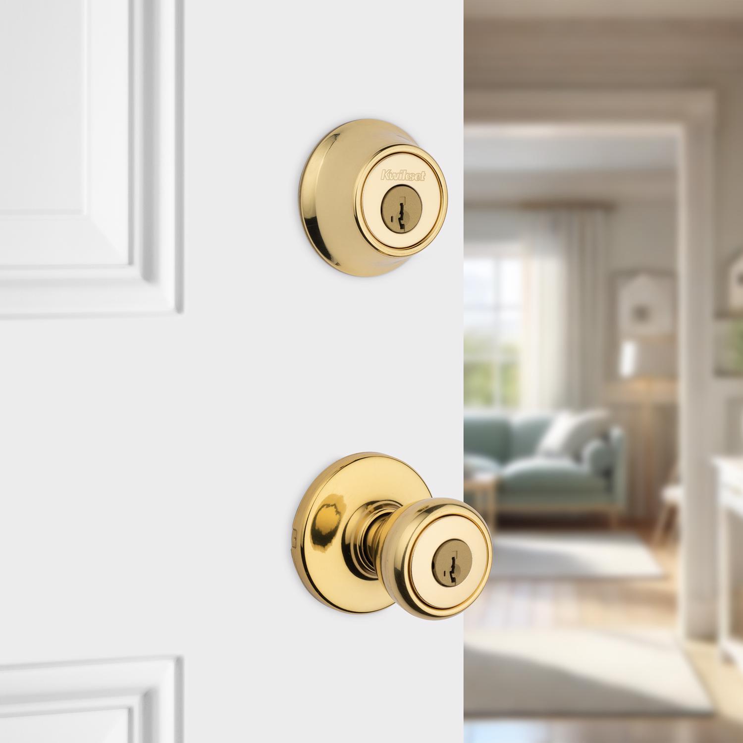 Kwikset Tylo Polished Brass Deadbolt and Entry Door Knob 1-3/4 in.