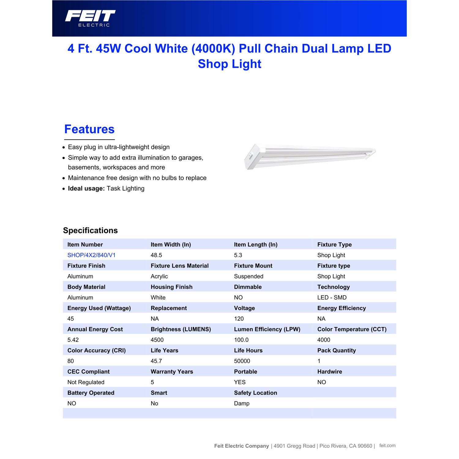 Feit SHOP 48 in. 2-Light each 45 W LED Utility Light