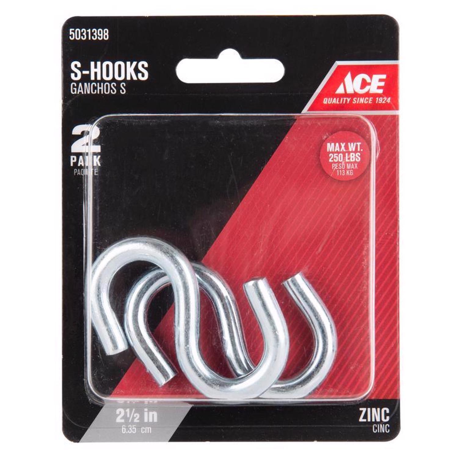 Ace Small Zinc-Plated Silver Steel 2.5 in. L S-Hook 250 lb 2 pk