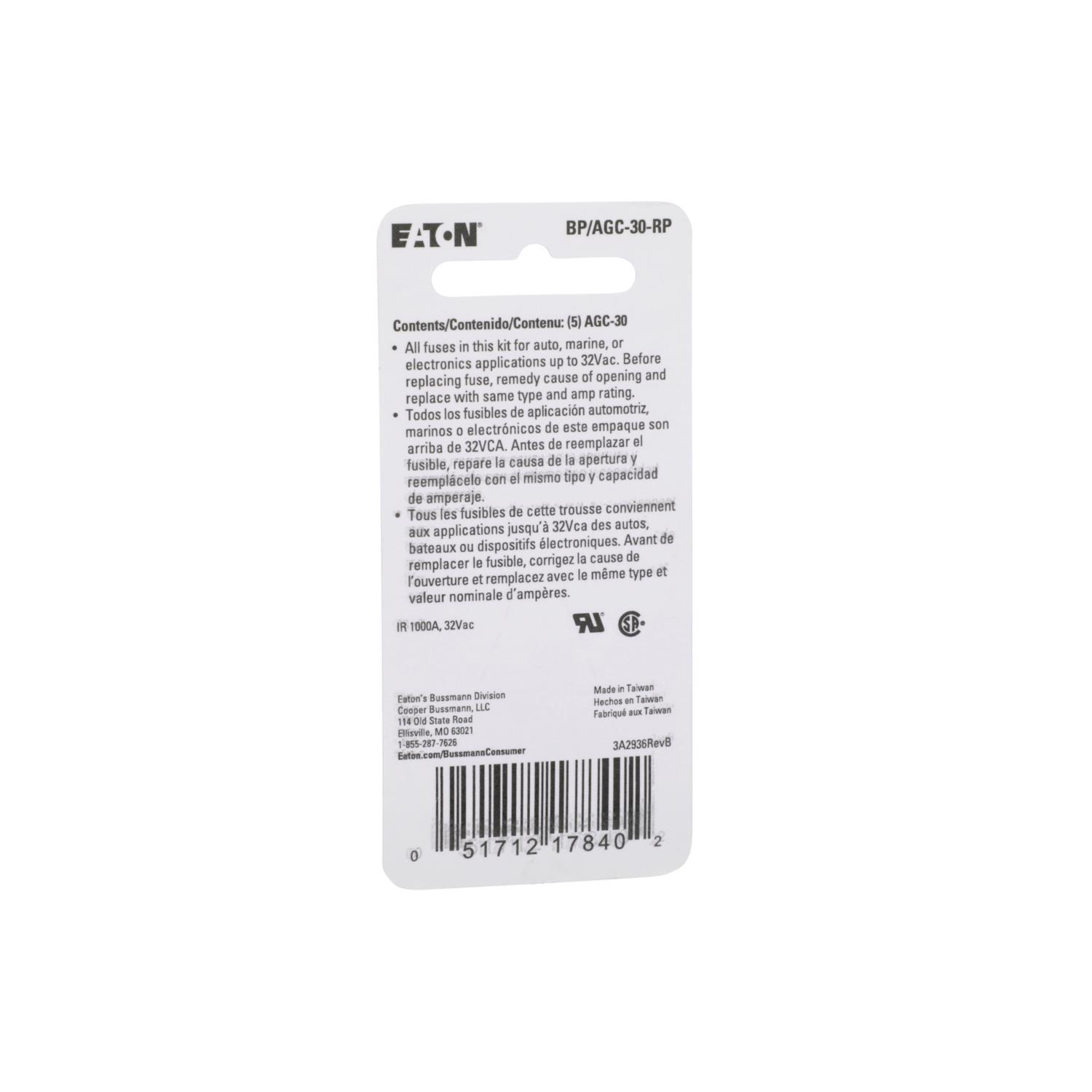 Bussmann 30 amps AGC Clear Glass Tube Fuse 5 pk
