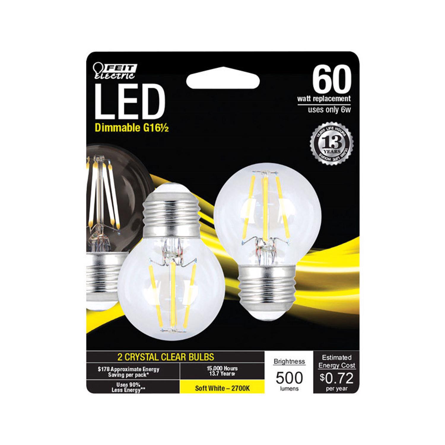 Feit Electric G16.5 E26 (Medium) LED Bulb Soft White 60 Watt Equivalence 2 pk