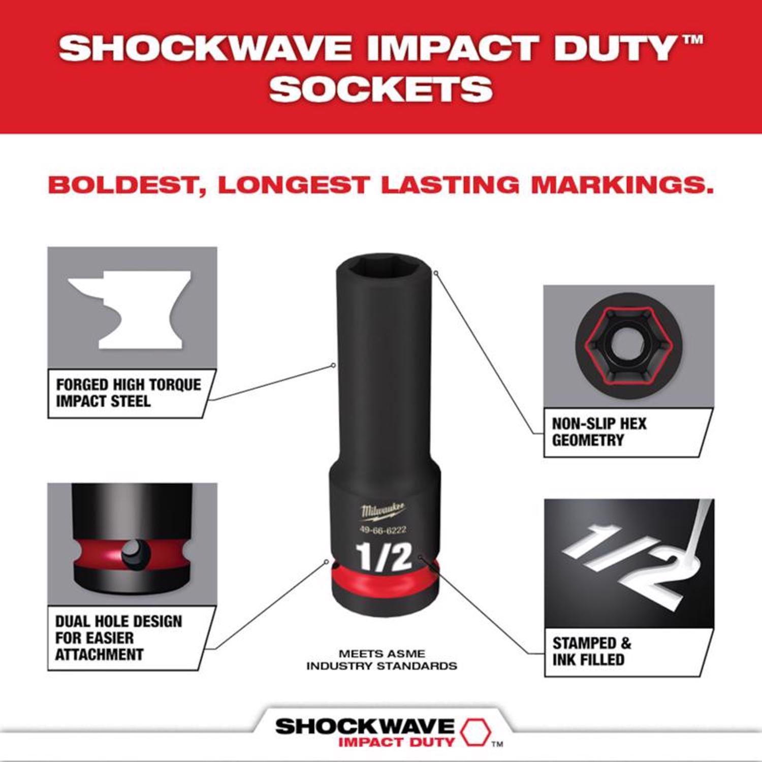 Milwaukee SHOCKWAVE 1/2 in. X 1/2 in. drive SAE 6 Point Impact Rated Deep Impact Socket Set 3 pc