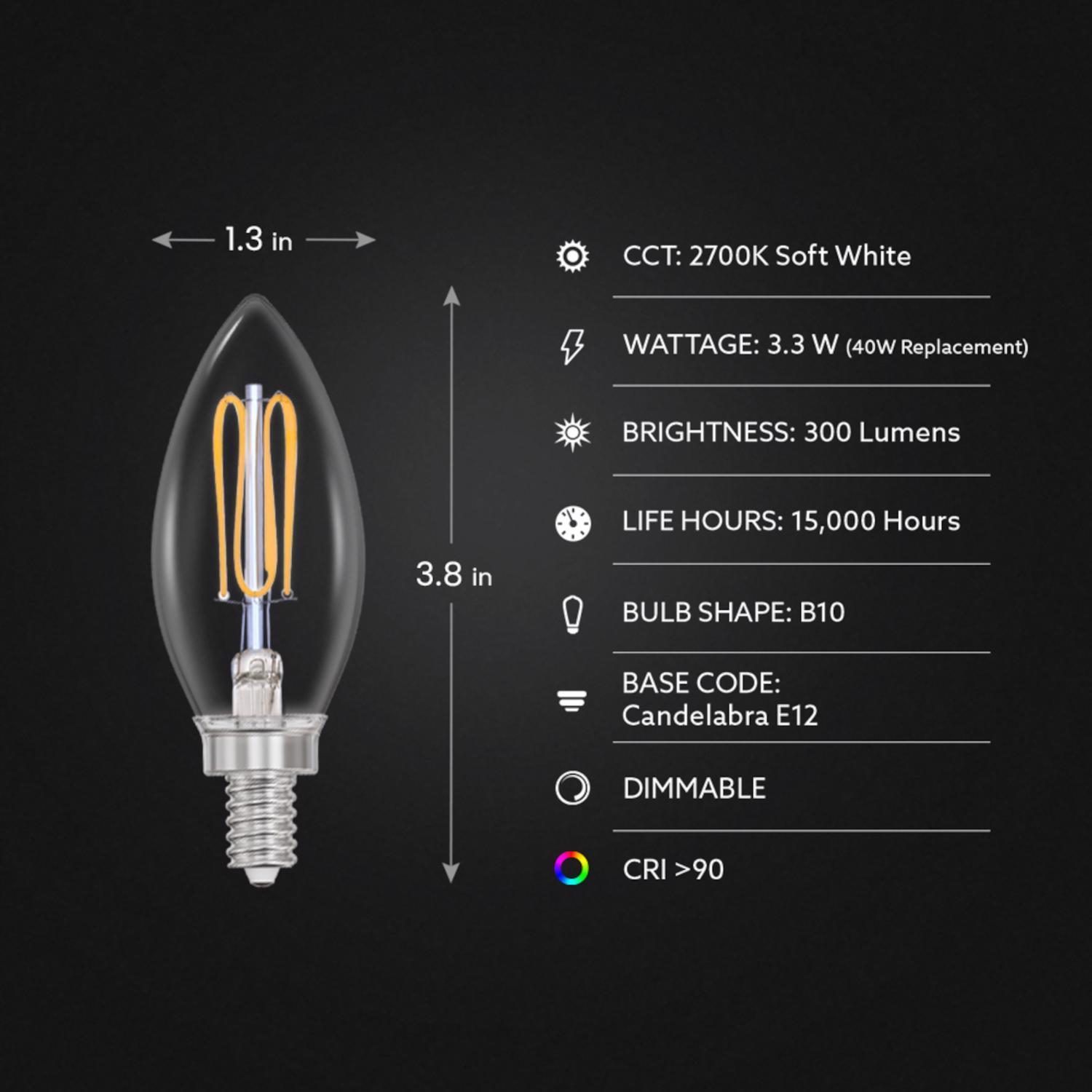 Feit B10 E12 (Candelabra) Filament LED Bulb Soft White 40 Watt Equivalence 2 pk