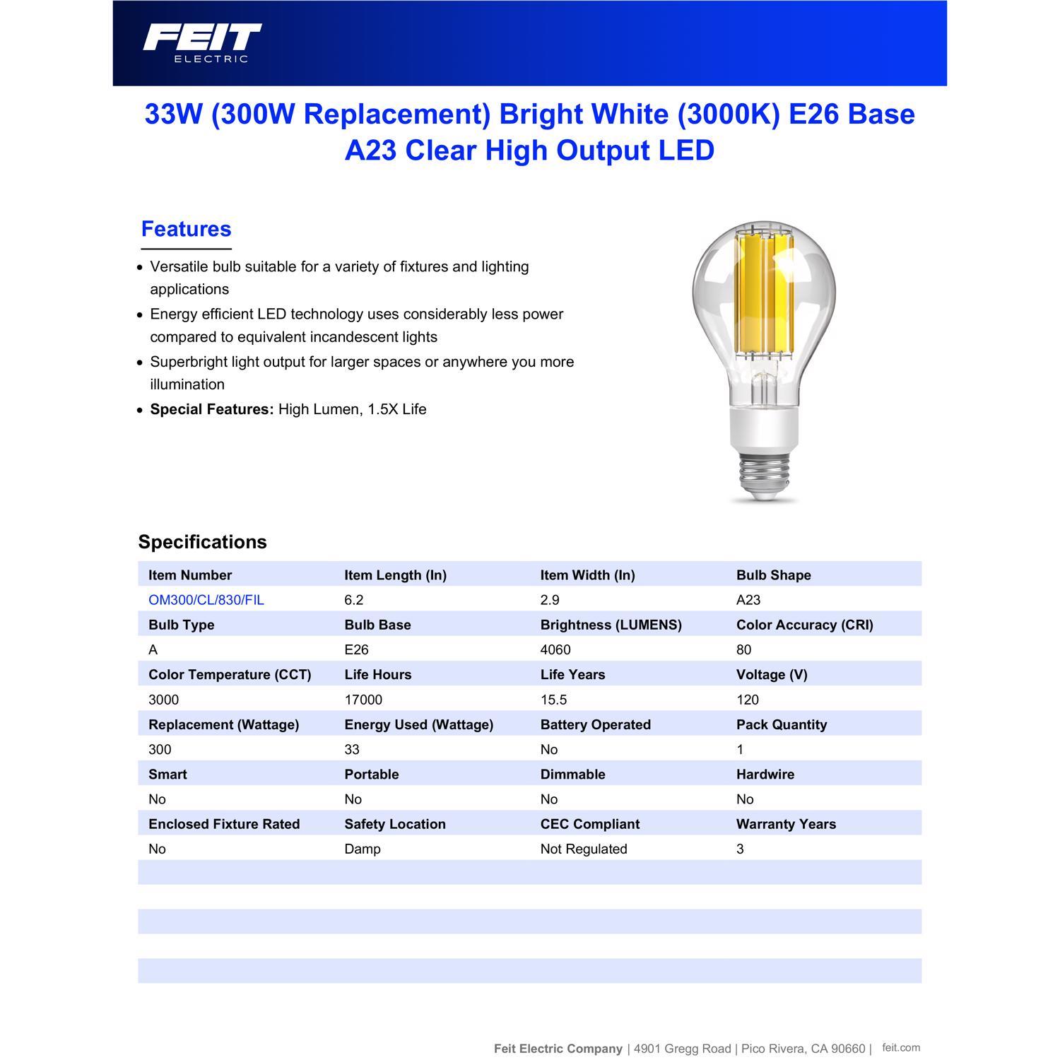 Feit A23 E26 (Medium) Filament LED Bulb Bright White 300 Watt Equivalence 1 pk