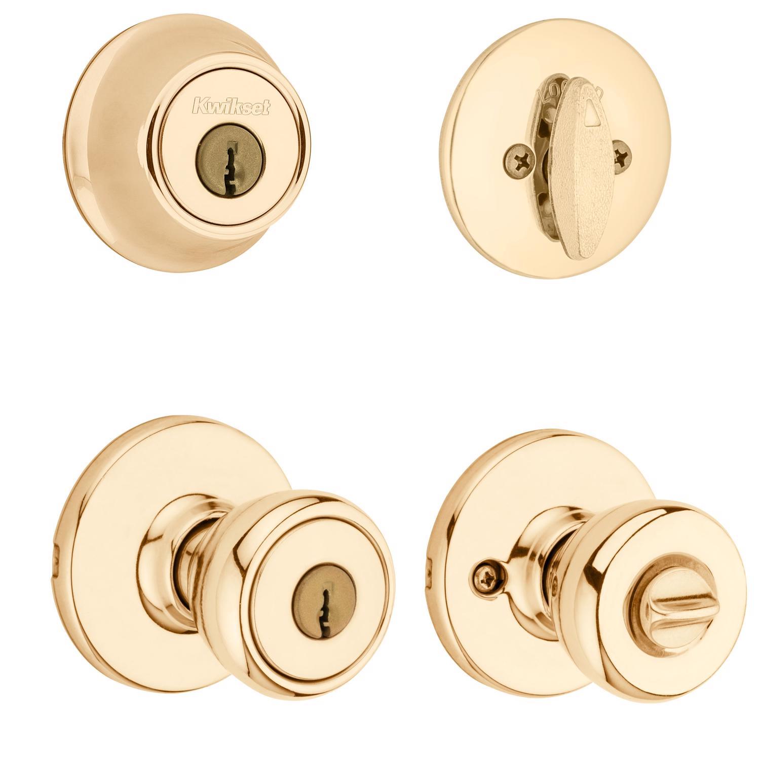 Kwikset Tylo Polished Brass Deadbolt and Passage Door Knob 1-3/4 in.