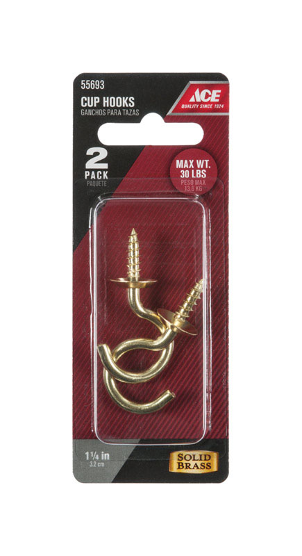 Ace Small Polished Brass Green Brass 1.875 in. L Cup Hook 30 lb 2 pk