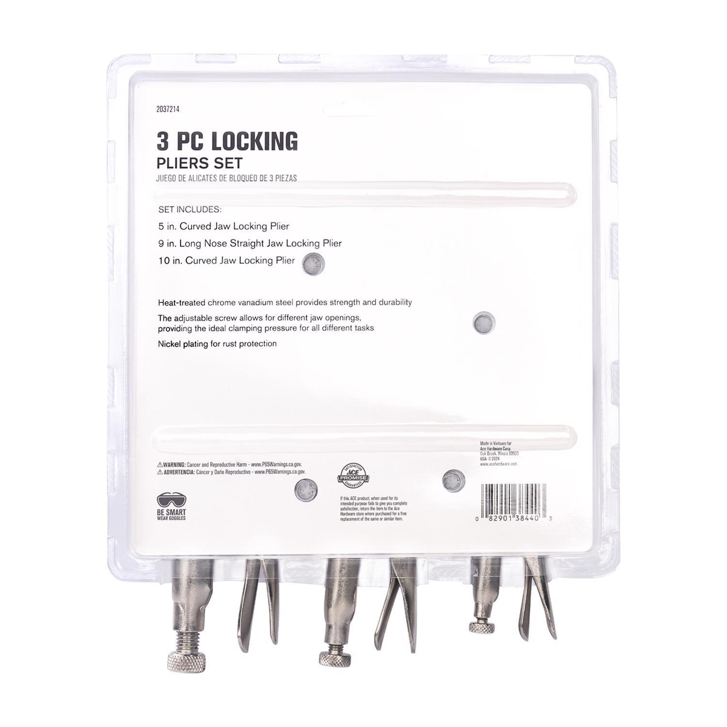 Ace 3 Pack Chrome Vanadium Steel Locking Pliers Set