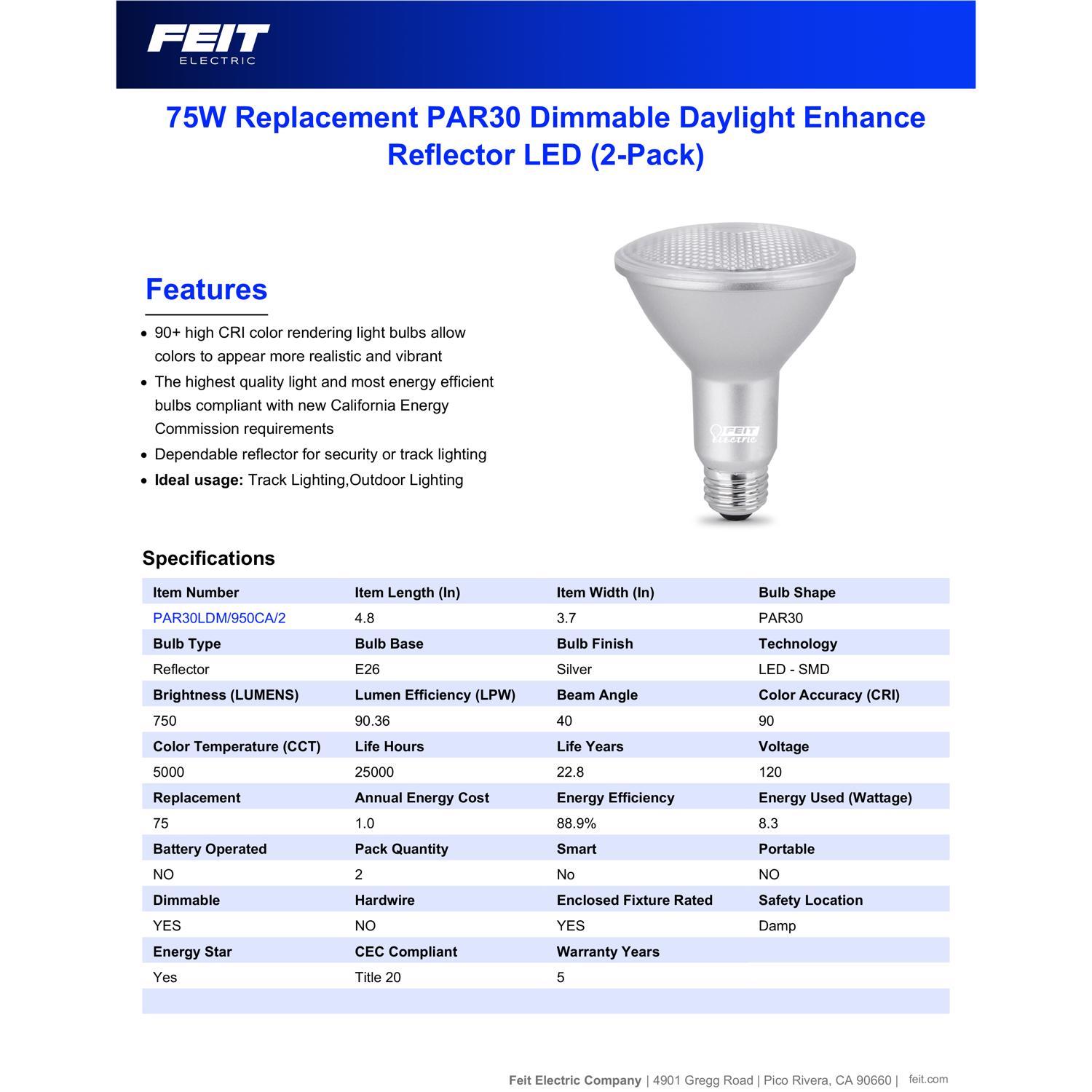 Feit Enhance PAR30 E26 (Medium) LED Bulb Daylight 75 Watt Equivalence 2 pk