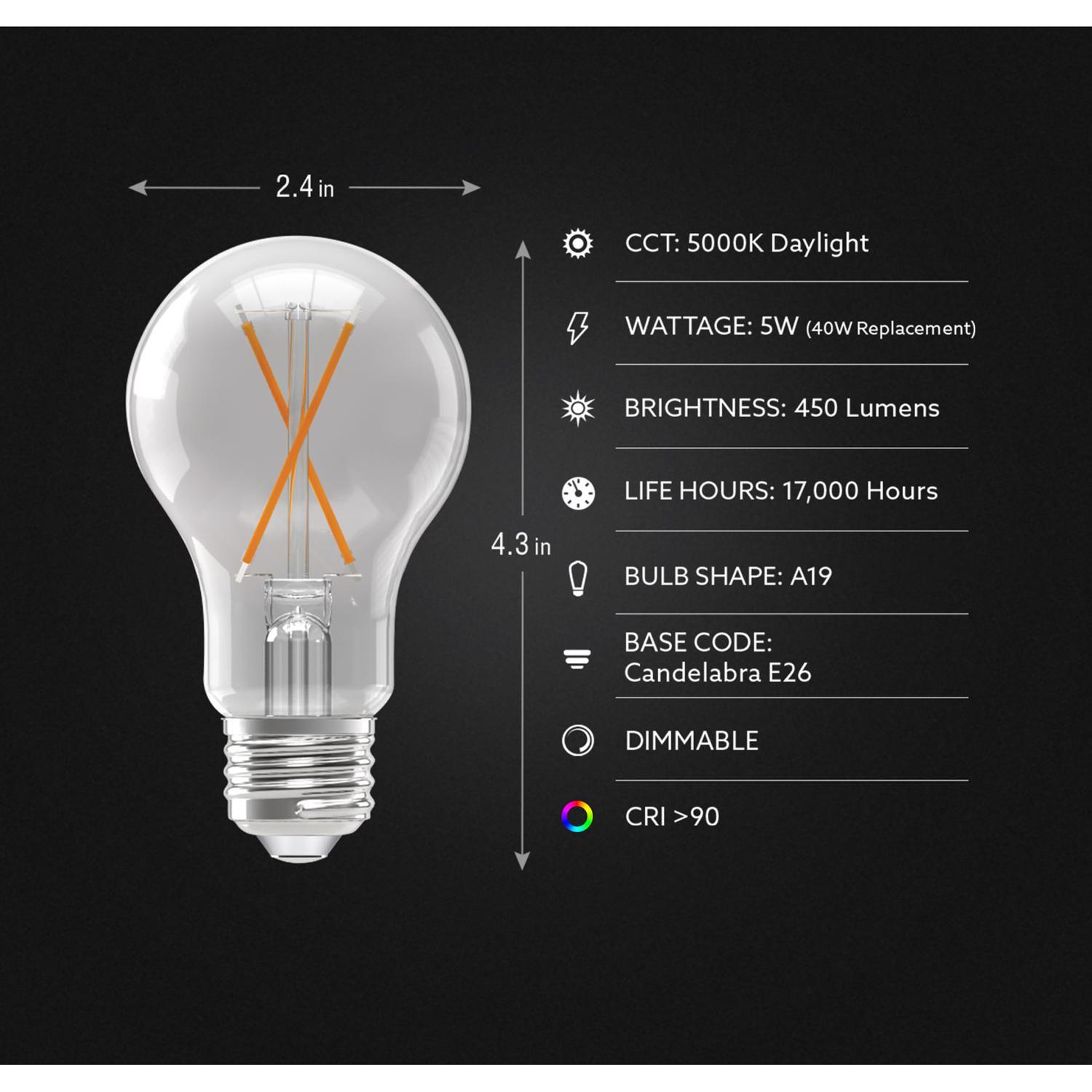 Feit Enhance A19 E26 (Medium) Filament LED Bulb Daylight 40 Watt Equivalence 4 pk