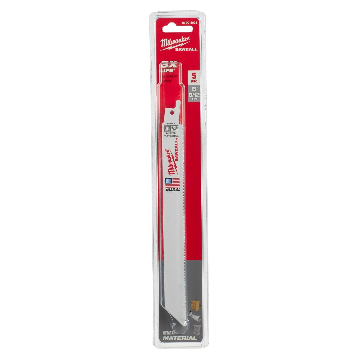 Milwaukee Sawzall 8 in. Bi-Metal Thin Kerf Reciprocating Saw Blade 8/12 TPI 5 pk