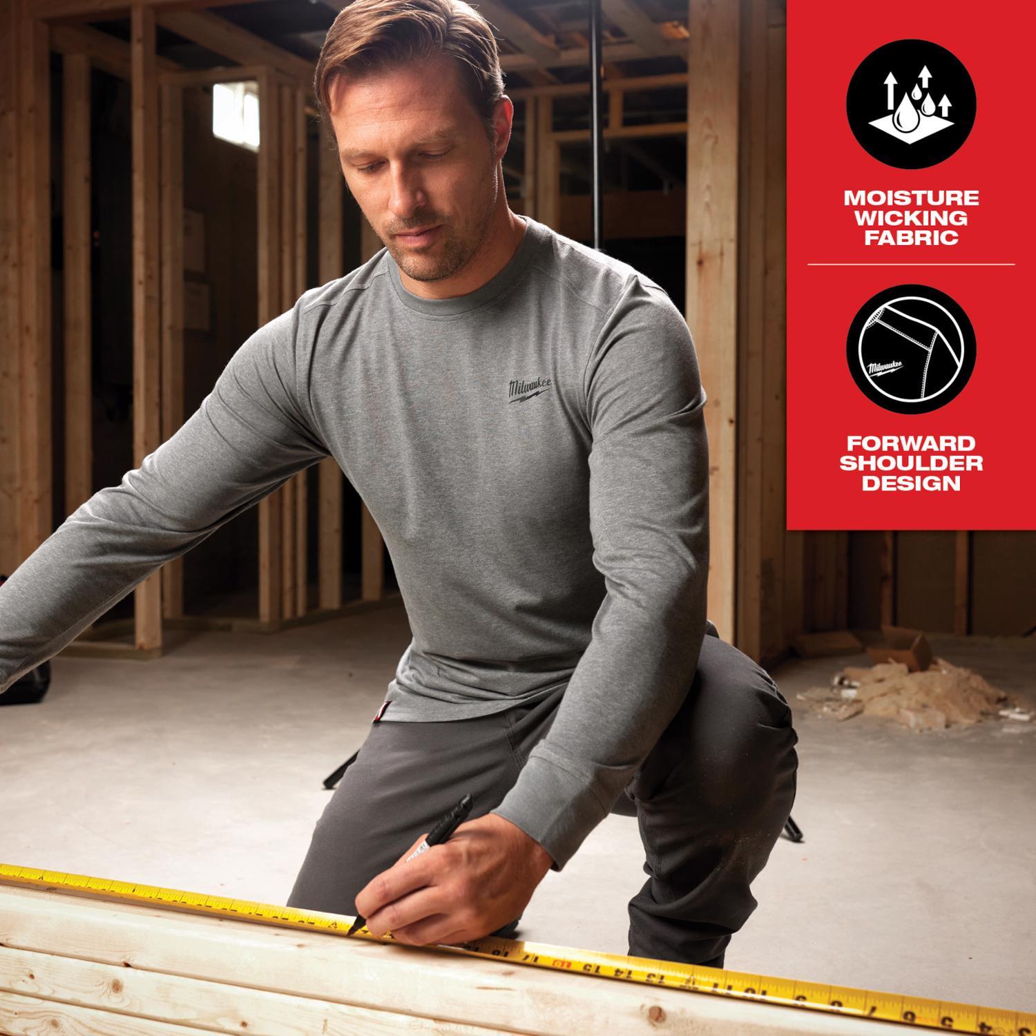 Milwaukee M Long Sleeve Men's Crew Neck Gray Hybrid Work Tee Shirt