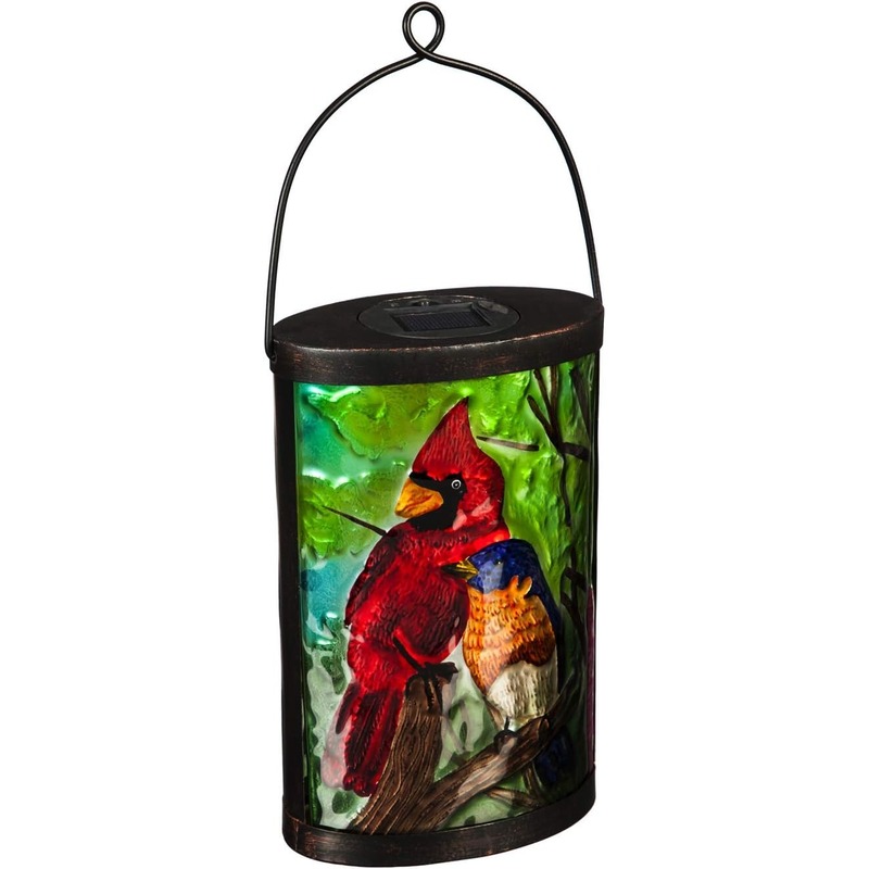 Evergreen Garden Beautiful Summer Cardinal and Blue Bird Painted Solar Lantern - 6 in. x 4 in. x 9 in.