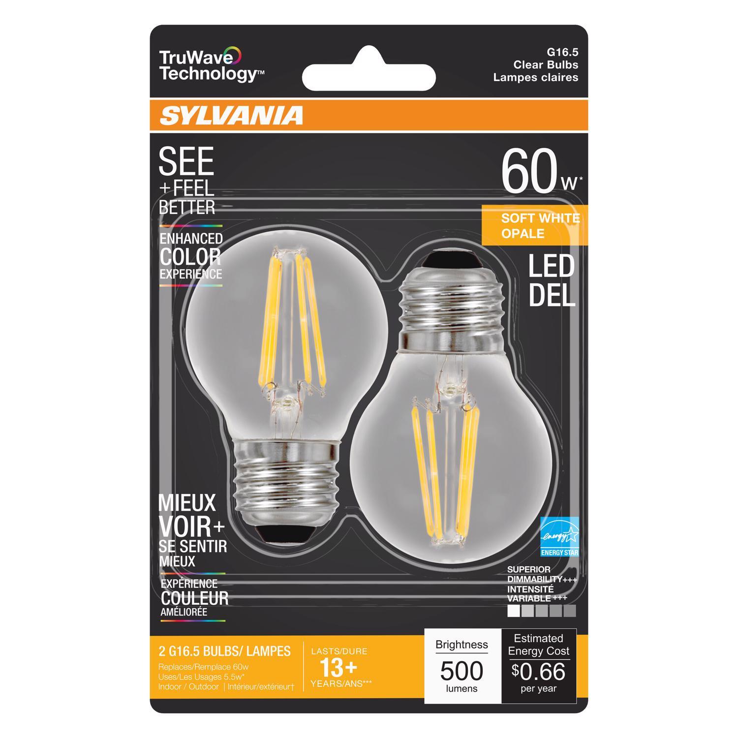 Sylvania Truwave G16.5 E26 (Medium) LED Bulb Soft White 60 Watt Equivalence 2 pk