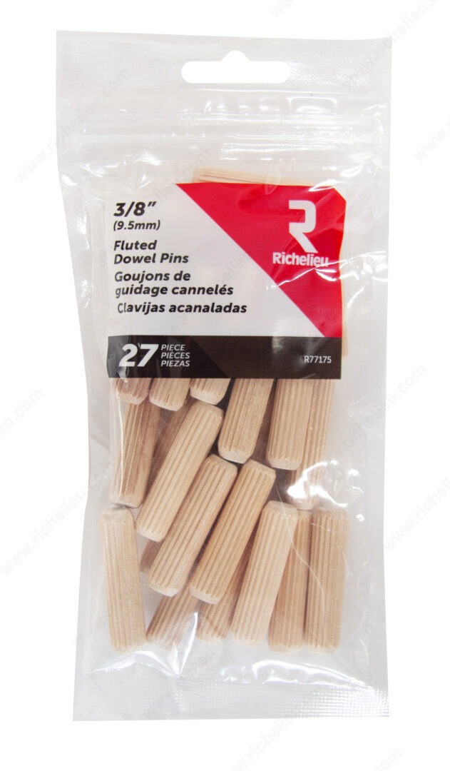 Richelieu Hardware 3/8 in. (10 mm) x 1 1/2 in. (38 mm) Fluted Beechwood Dowel Pin, 27 Pack