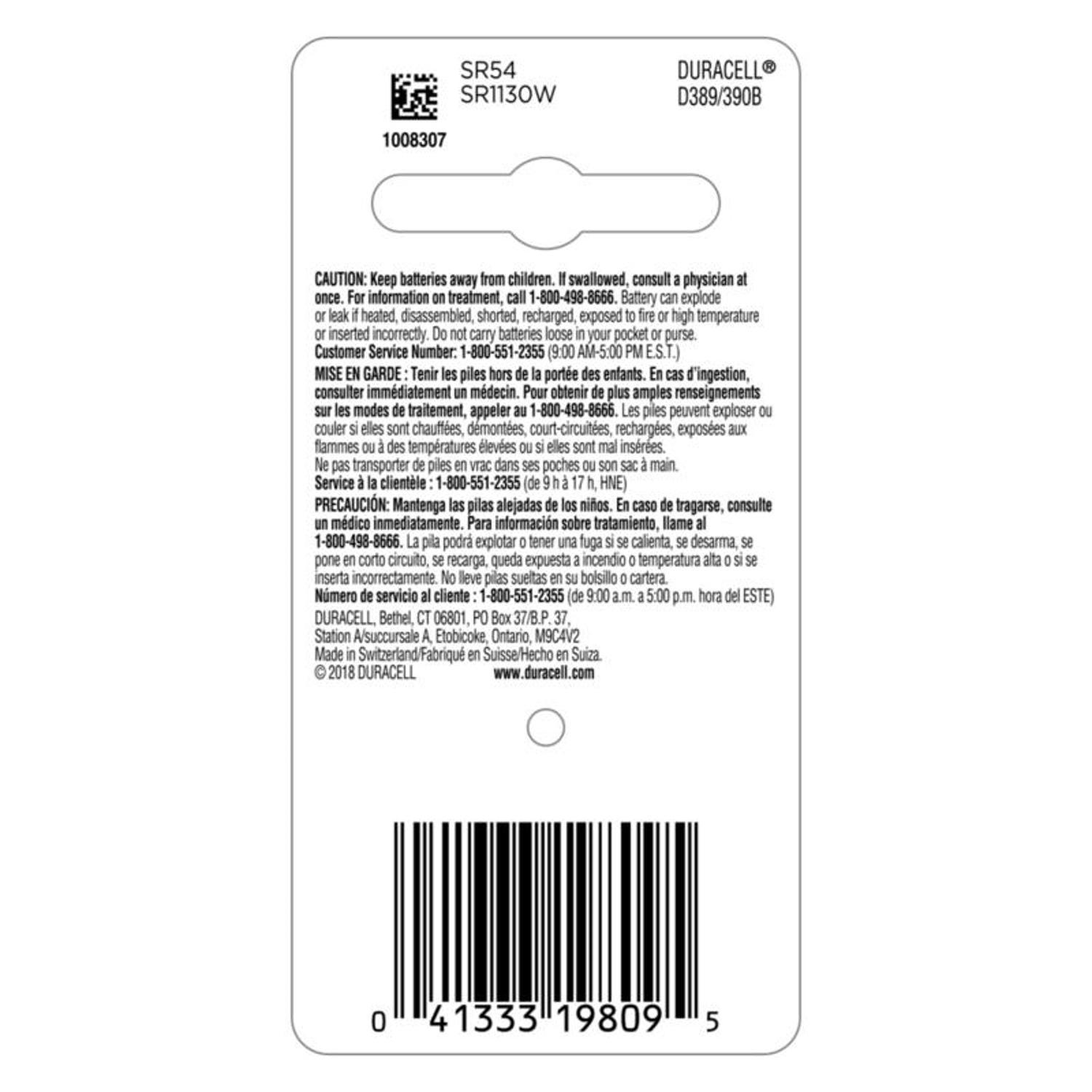 Duracell Silver Oxide 389/390 1.5 V 80 mAh Electronic/Watch Battery 1 pk