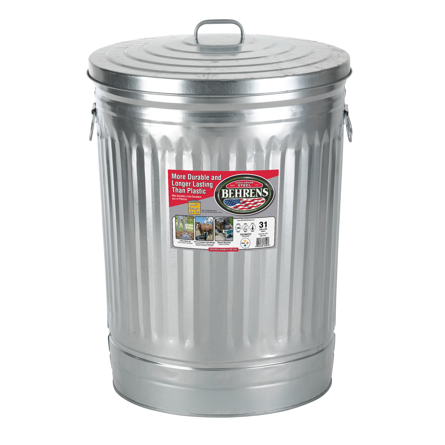 Behrens 31 gal Silver Galvanized Steel Trash Can Lid Included Animal Proof/Animal Resistant
