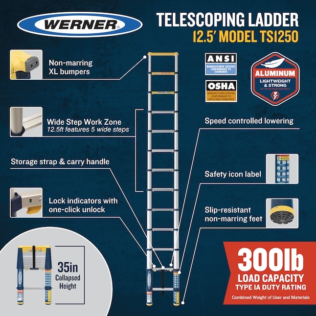 Werner TS1250 12.5-ft ( 16-ft Reach Height ) Aluminum Type 1A - 300 lbs. Load Capacity Telescoping Extension Ladder