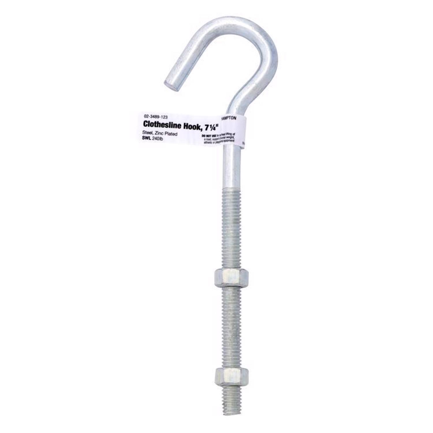 Hampton Medium Zinc-Plated Silver Steel 7.25 in. L Clothesline Bolt Hook 240 lb 1 pk