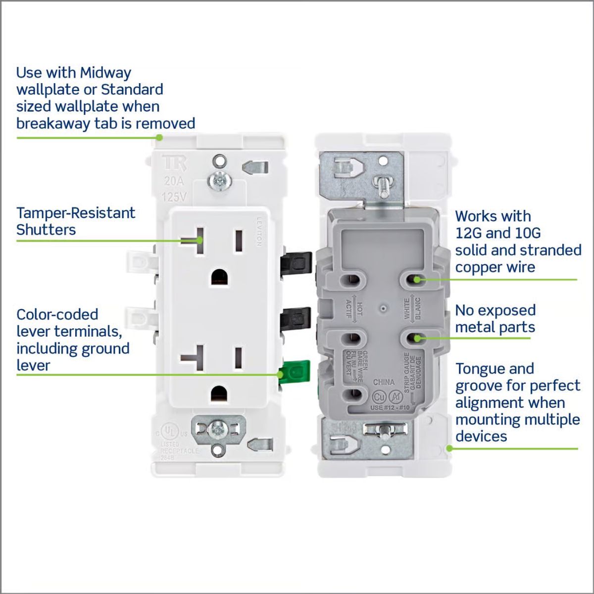 Leviton Lever Edge 20 amps 125 V White Tamper Resistant Outlet 5-20R 1 Pack