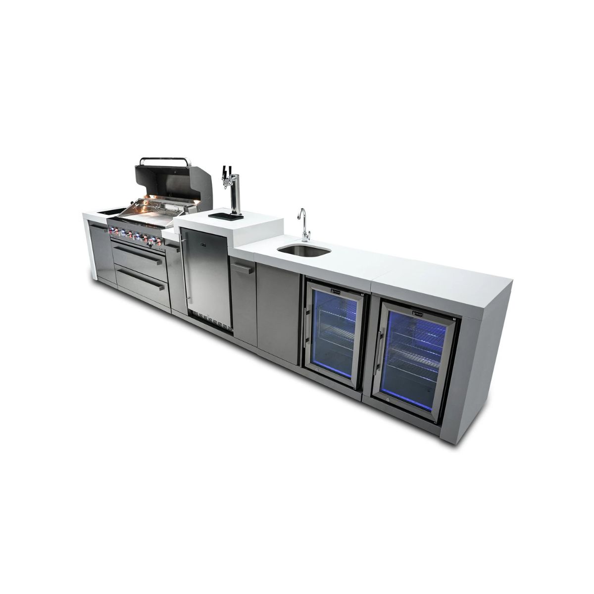 Mont Alpi 6-burner Deluxe Island with a kegerator, beverage center, and fridge cabinet