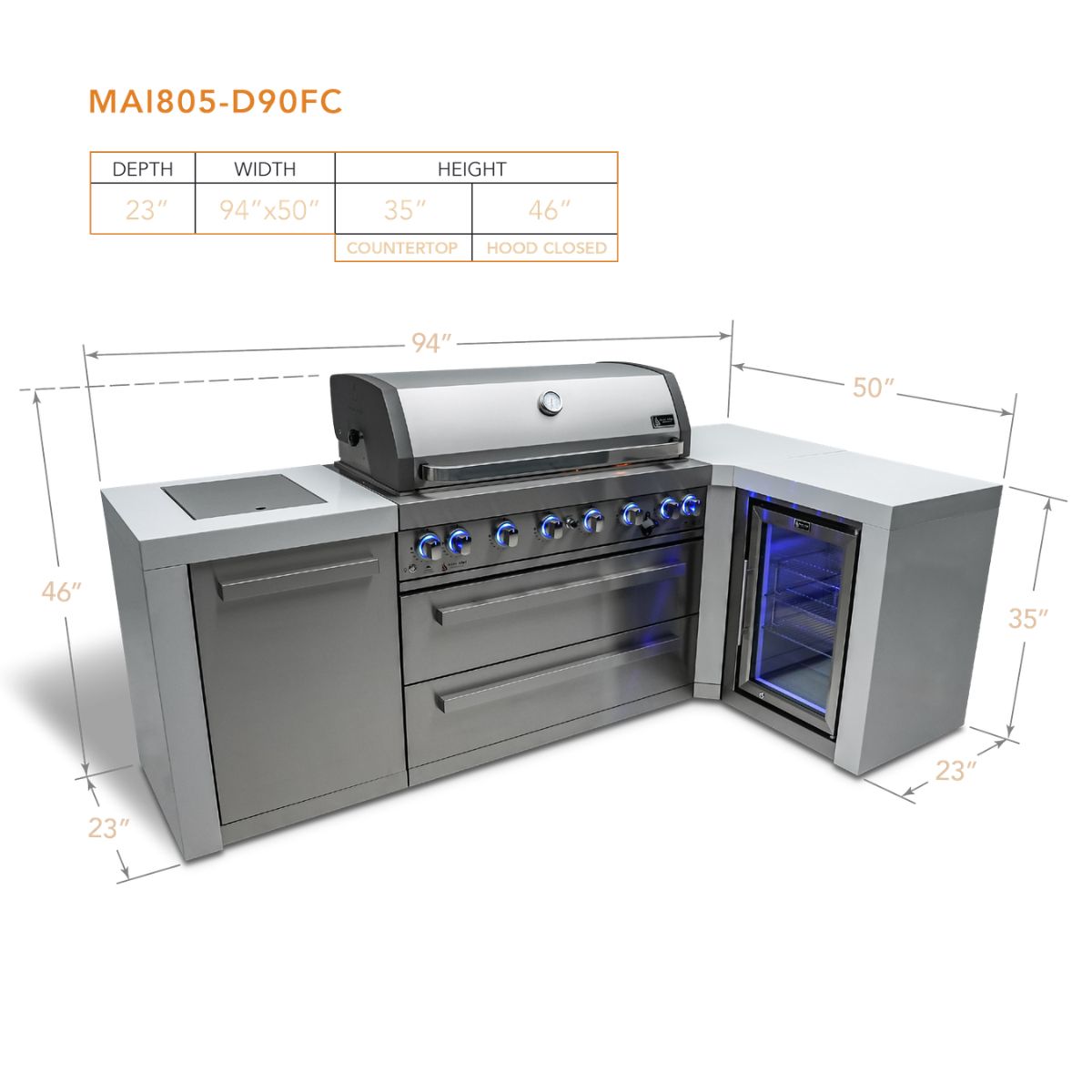 Mont Alpi 6-Burner Deluxe island with a 90-degree corner and a fridge cabinet