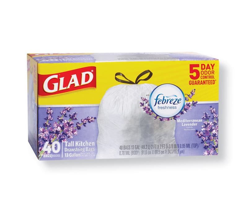 Glad ForceFlex 13 gal Lavender Scent Tall Kitchen Bags Drawstring 40 pk 0.78 mil