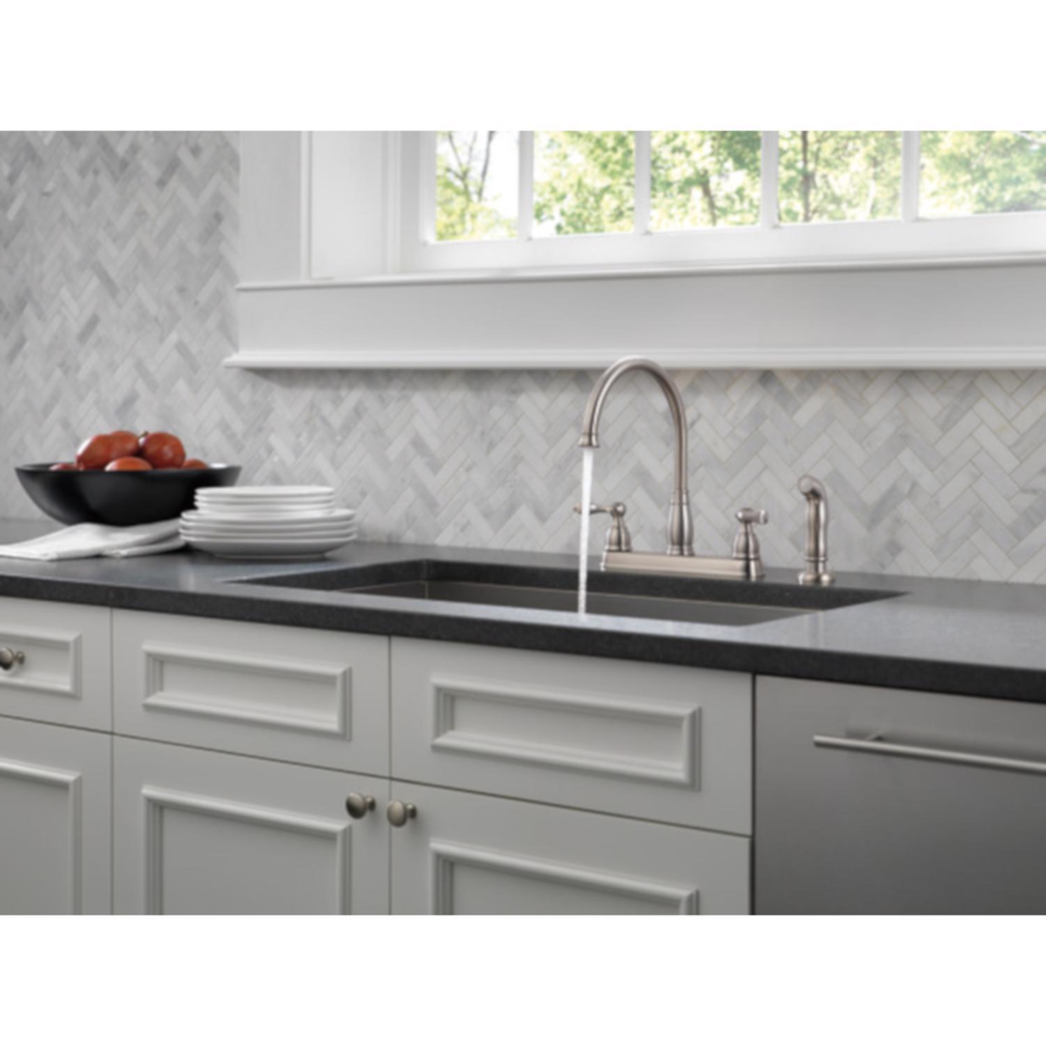 Delta Windemere Two Handle Stainless Steel Kitchen Faucet Side Sprayer Included