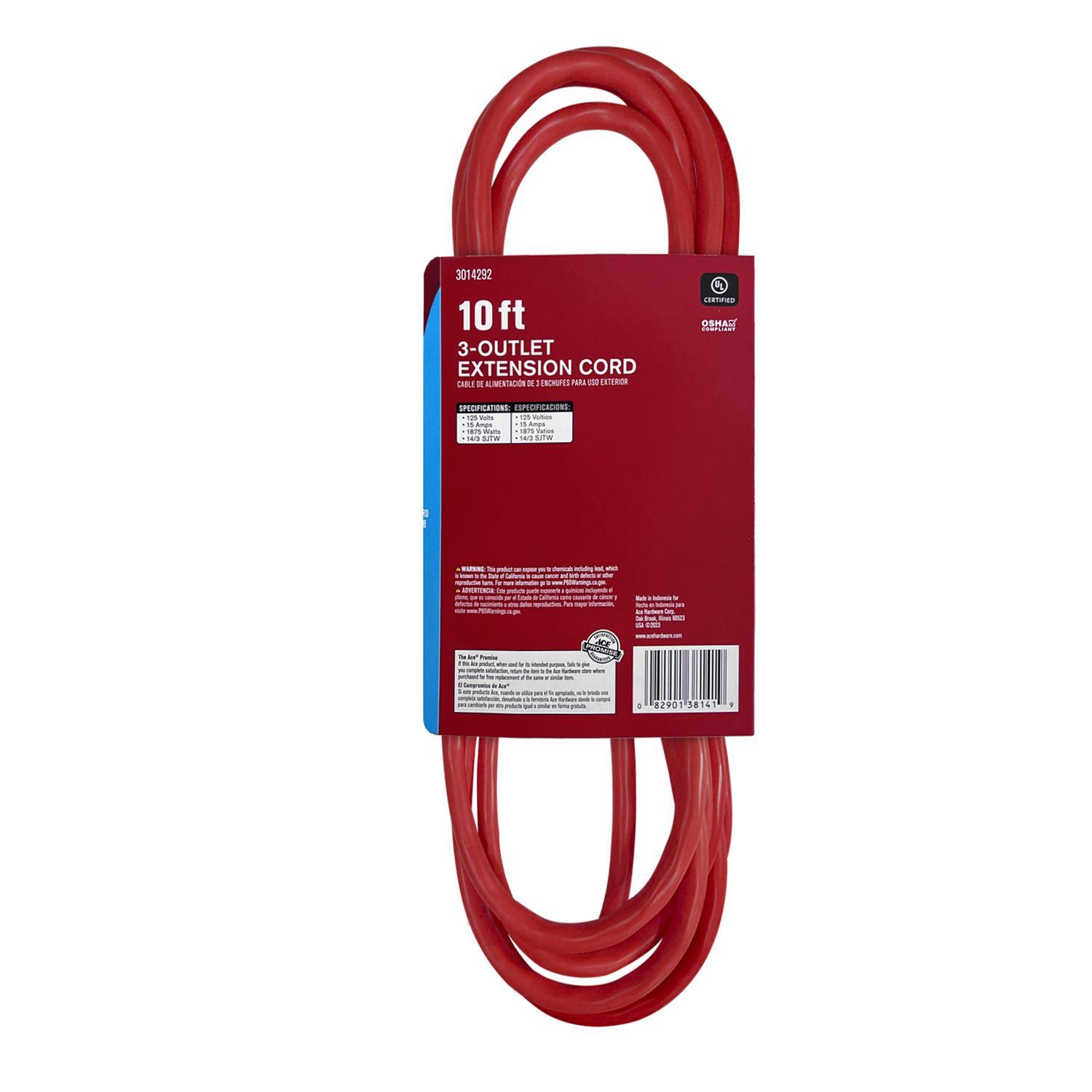 Ace Indoor or Outdoor 10 ft. L Red Triple Outlet Cord 14/3 SJTW
