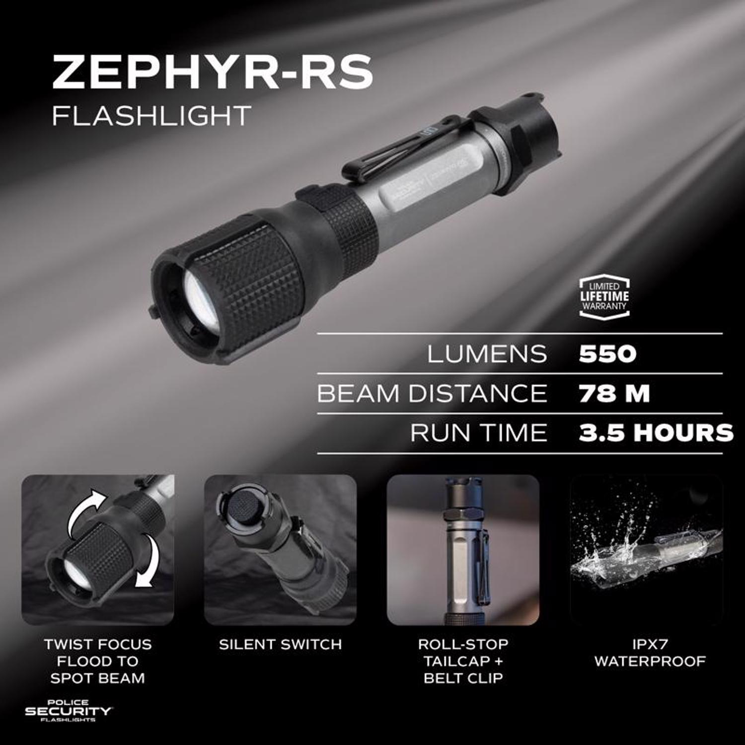 Police Security Zephyr-RS Tactical 550 lm Black/Gray LED Rechargeable Flashlight 14500 Battery