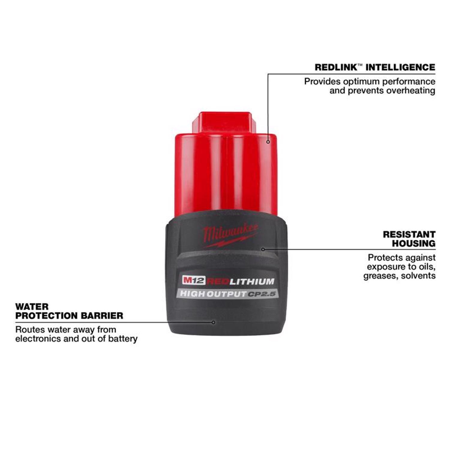 Milwaukee M12 RedLithium CP 2.5 Ah Lithium-Ion High Output High Capacity Battery Pack 1 pc