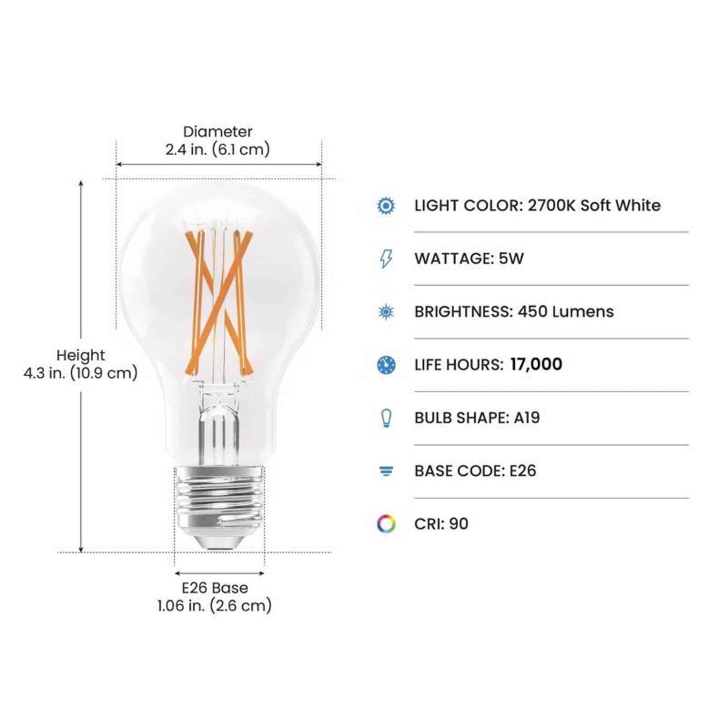 Feit Enhance A19 E26 (Medium) Filament LED Bulb Soft White 40 Watt Equivalence 4 pk