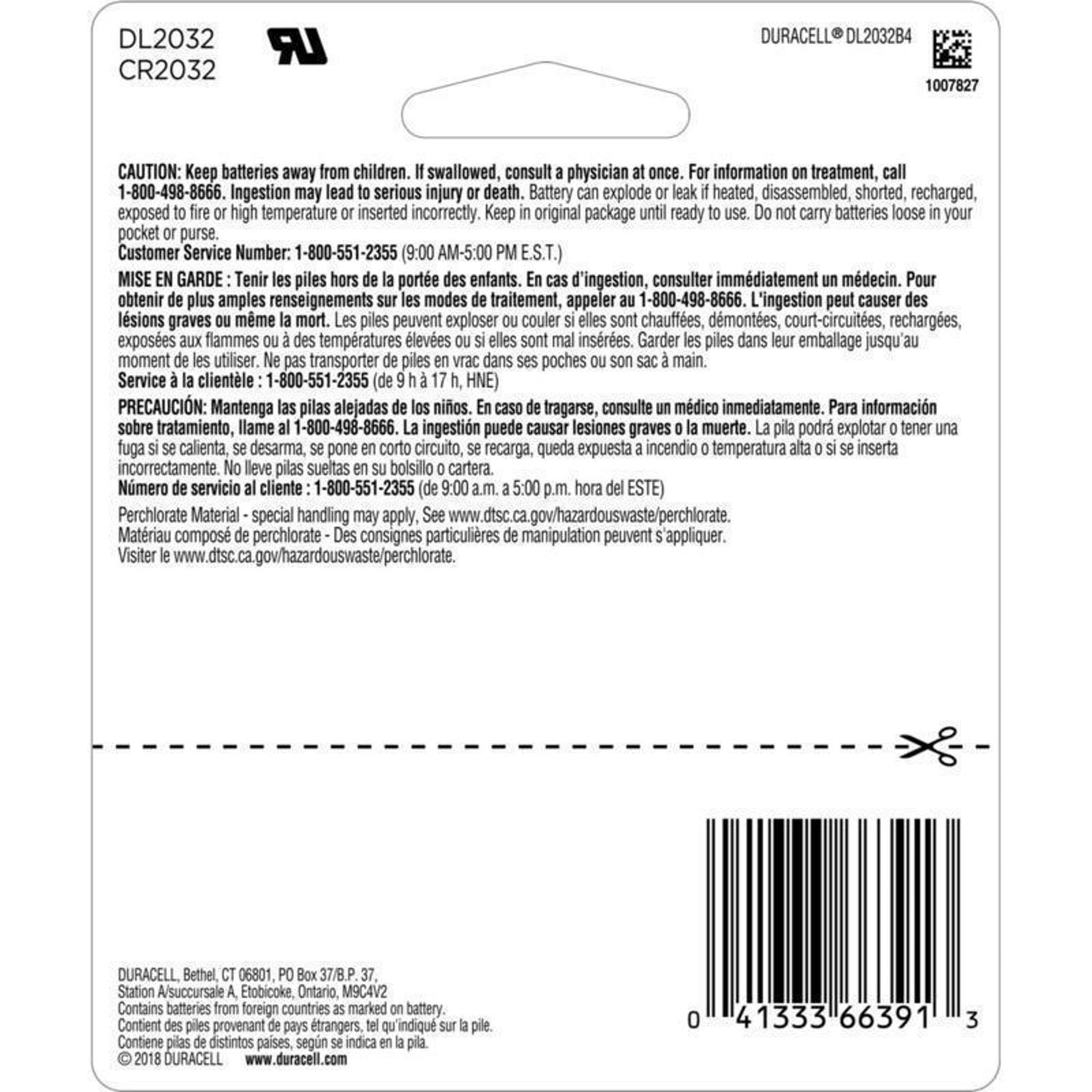 Duracell Lithium Coin 2032 3 V 225 mAh Security and Electronic Battery 4 pk