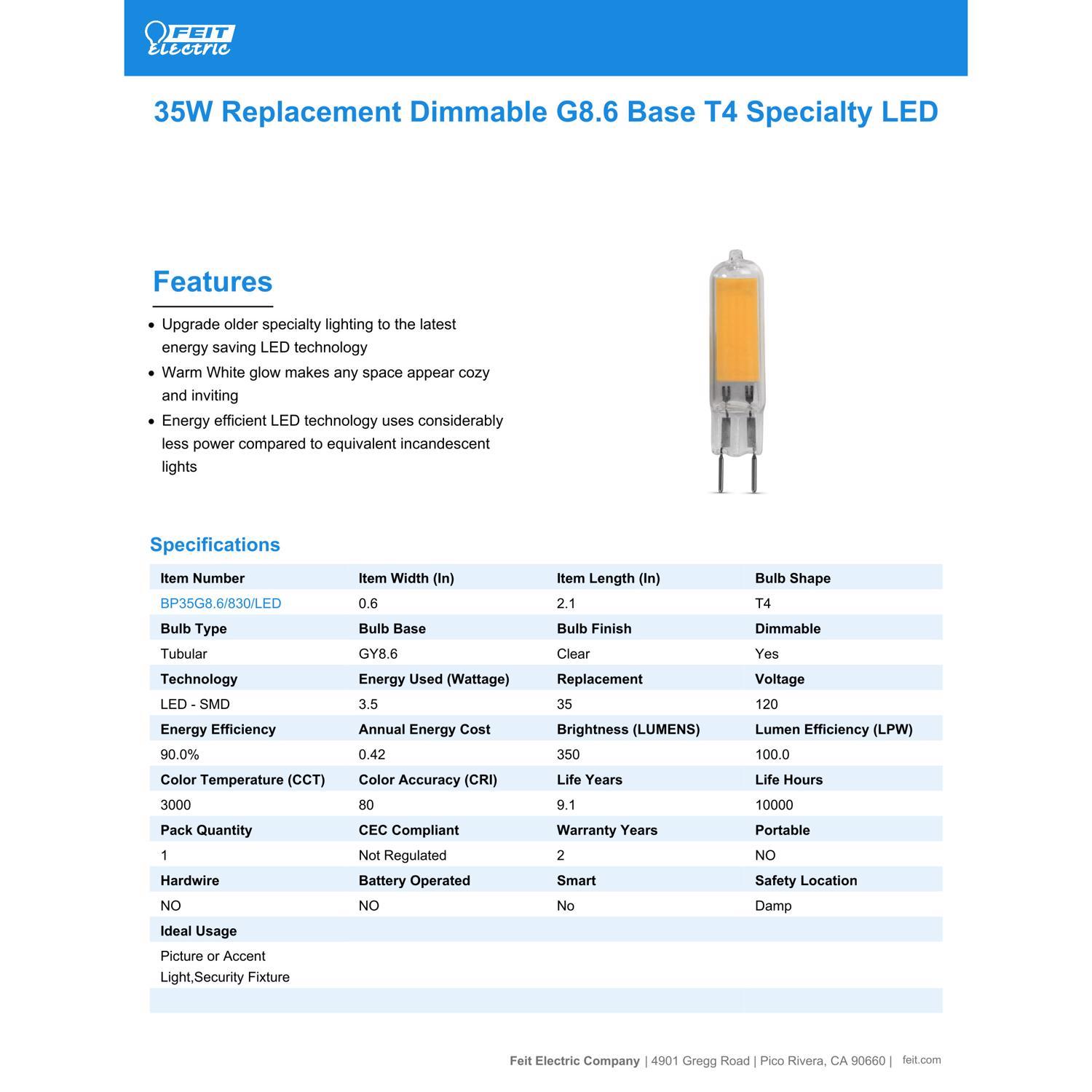 Feit T4 GY8.6 LED Bulb Bright White 35 Watt Equivalence 1 Pack