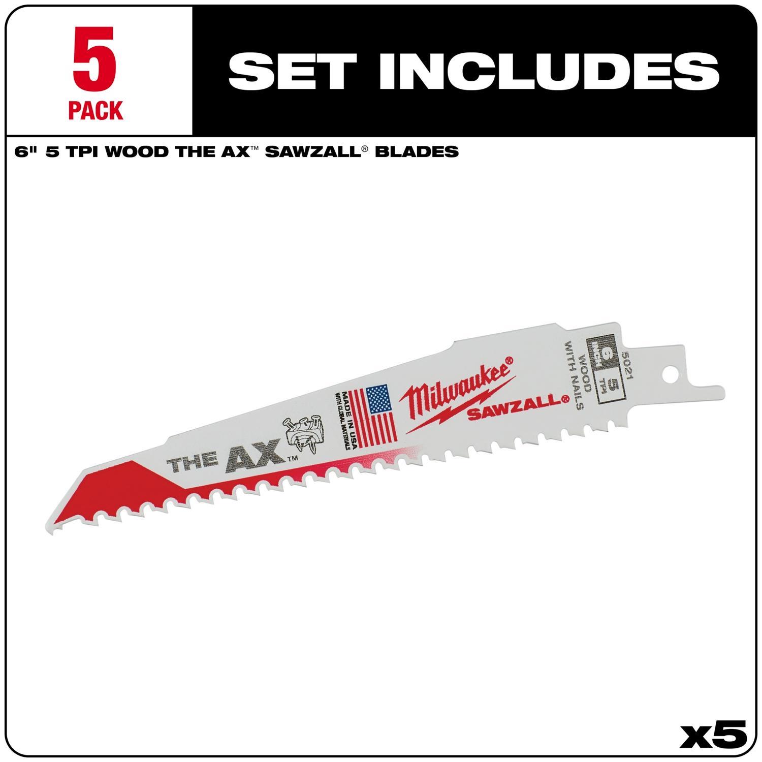 Milwaukee The AX 6 in. Bi-Metal Wood demolition Reciprocating Saw Blade 5 TPI 5 pk