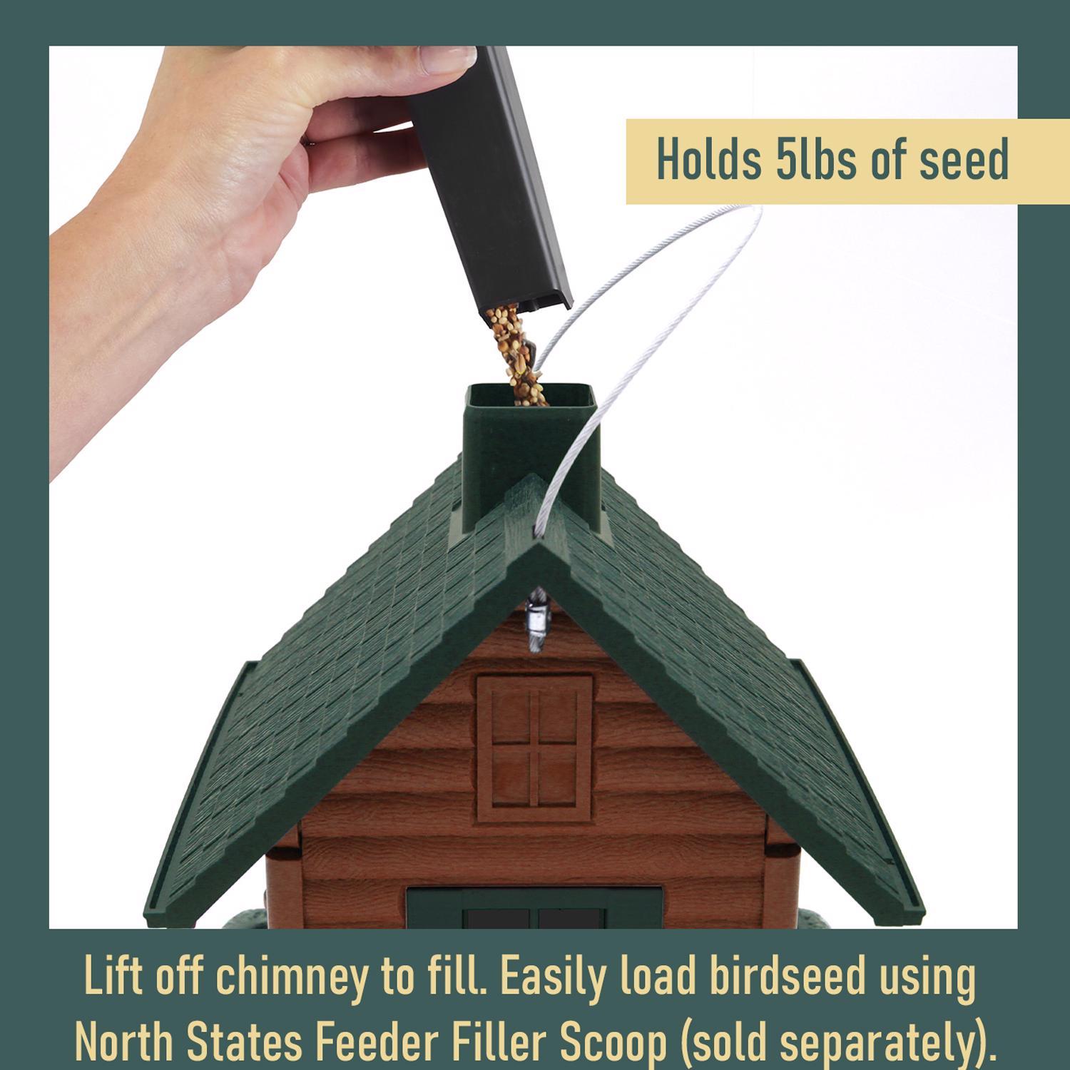 North States Log Cabin Wild Bird 1 lb Plastic Log Cabin Hopper Bird Feeder 4 ports