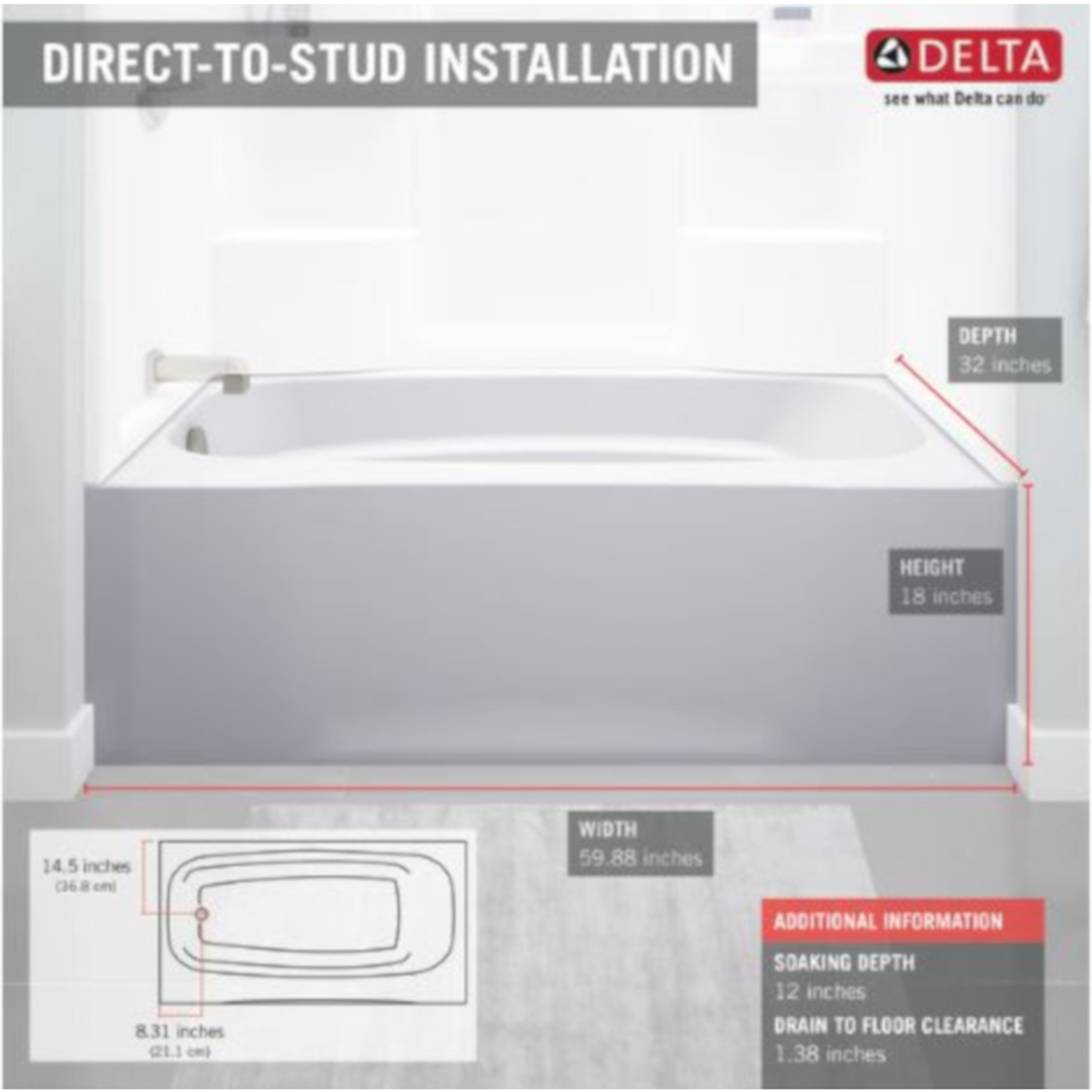 Delta Hycroft 19-1/4 in. H X 32 in. W X 60 in. L White Bathtub | Stine