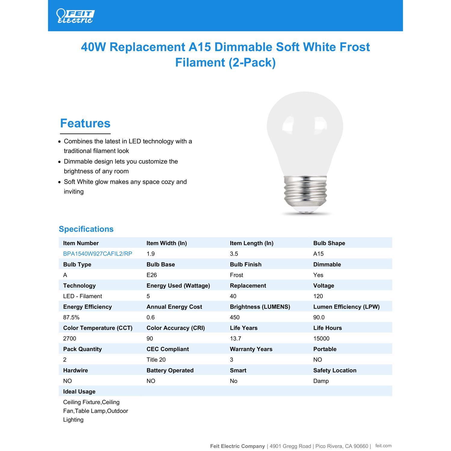 Feit A15 E26 (Medium) Filament LED Bulb Soft White 40 Watt Equivalence 2 pk