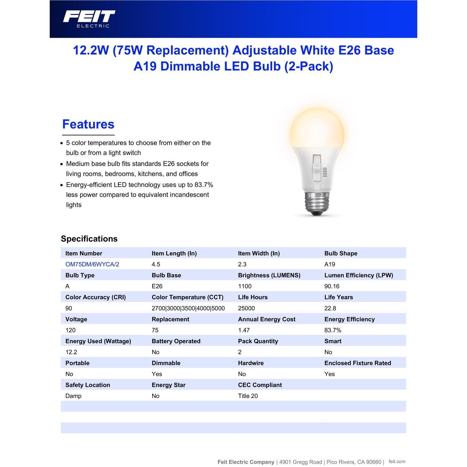Feit A19 E26 (Medium) LED Bulb Adjustable White 75 Watt Equivalence 2 pk