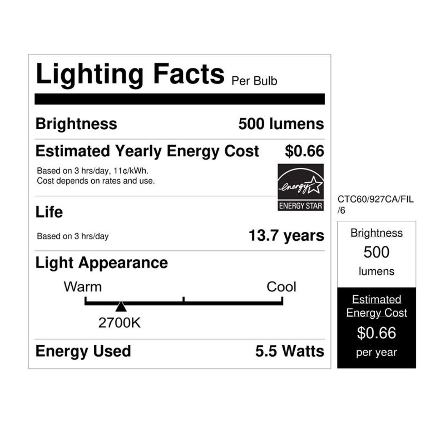 Feit Enhance B10 E12 (Candelabra) LED Bulb Soft White 60 Watt Equivalence 6 pk