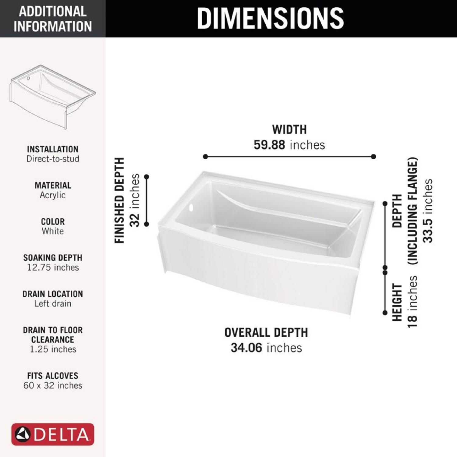 Delta Classic 500 18 in. H X 60 in. W X 32 in. L White Bathtub