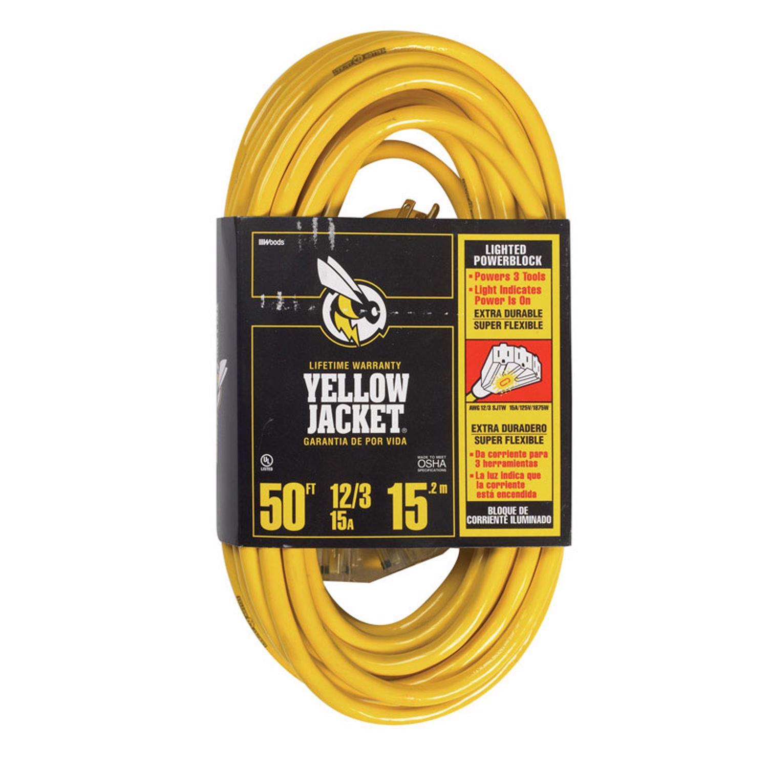 Yellow Jacket Indoor or Outdoor 50 ft. L Yellow Triple Outlet Cord 12/3 SJTW