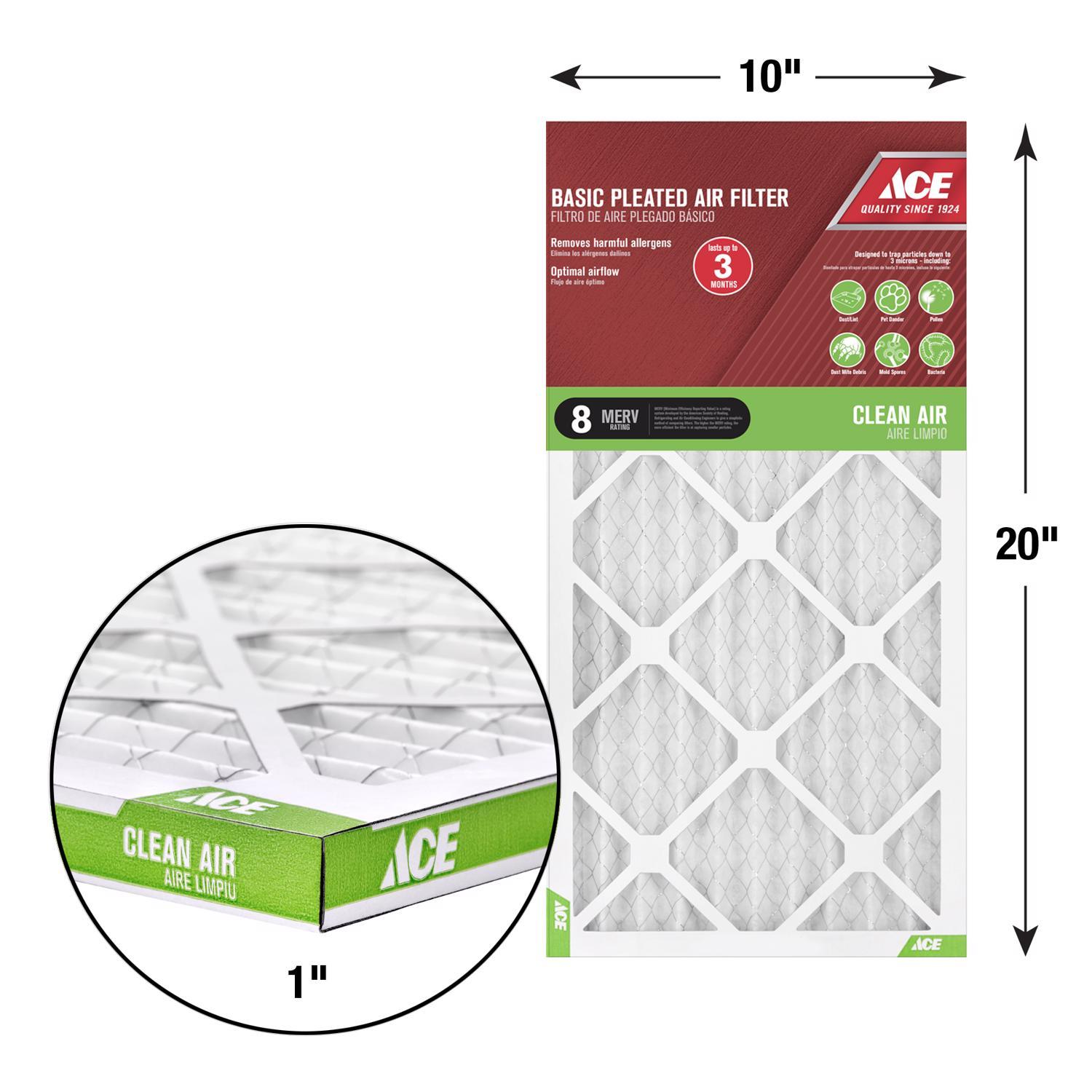 Ace 10 in. W X 20 in. H X 1 in. D Synthetic 8 MERV Pleated Air Filter 1 pk