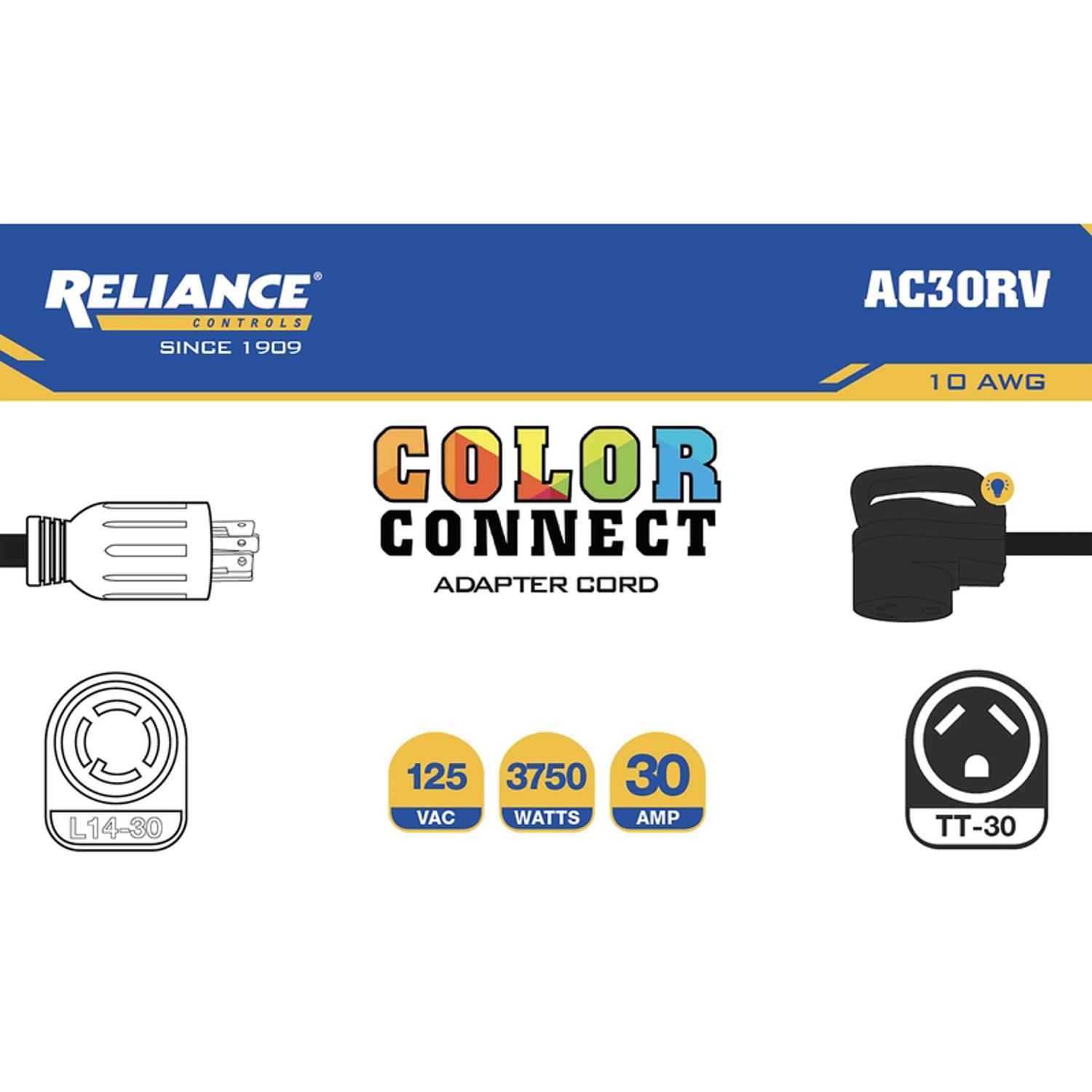 Reliance Controls Color Connect 10/3 SJTW 125 V 12 in. L Adapter Cord