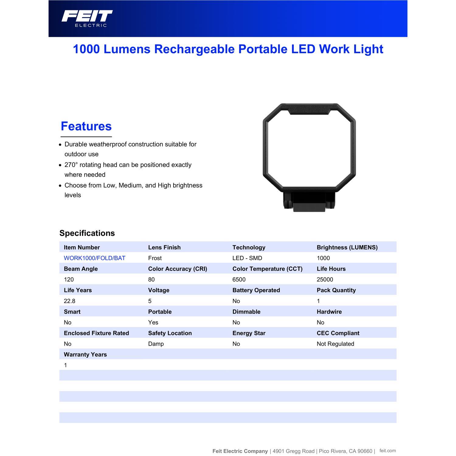 Feit 1000 lm LED Rechargeable Stand (H or Scissor) Folding Worklight