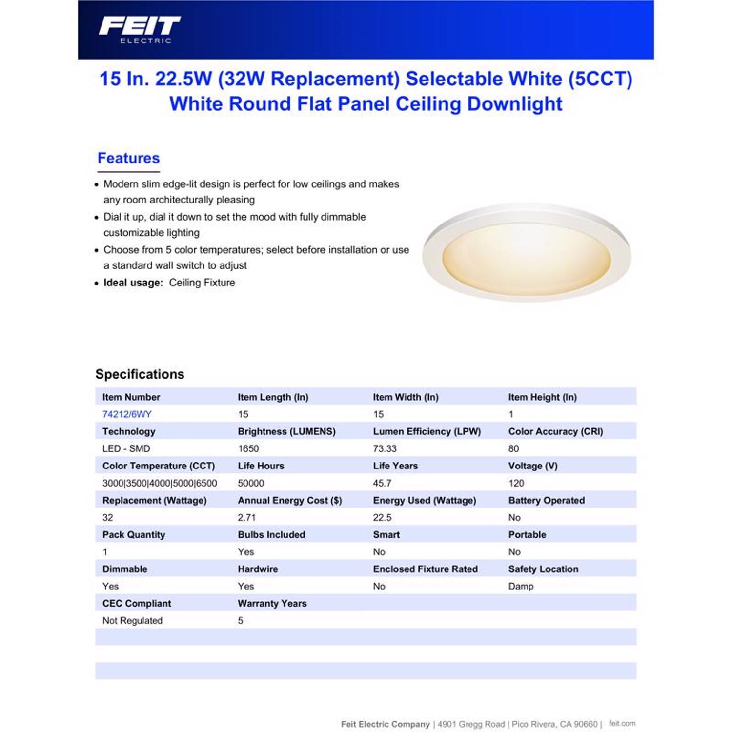 Feit Electric 1 in. H X 15 in. W X 15 in. L White LED Flat Panel Light Fixture