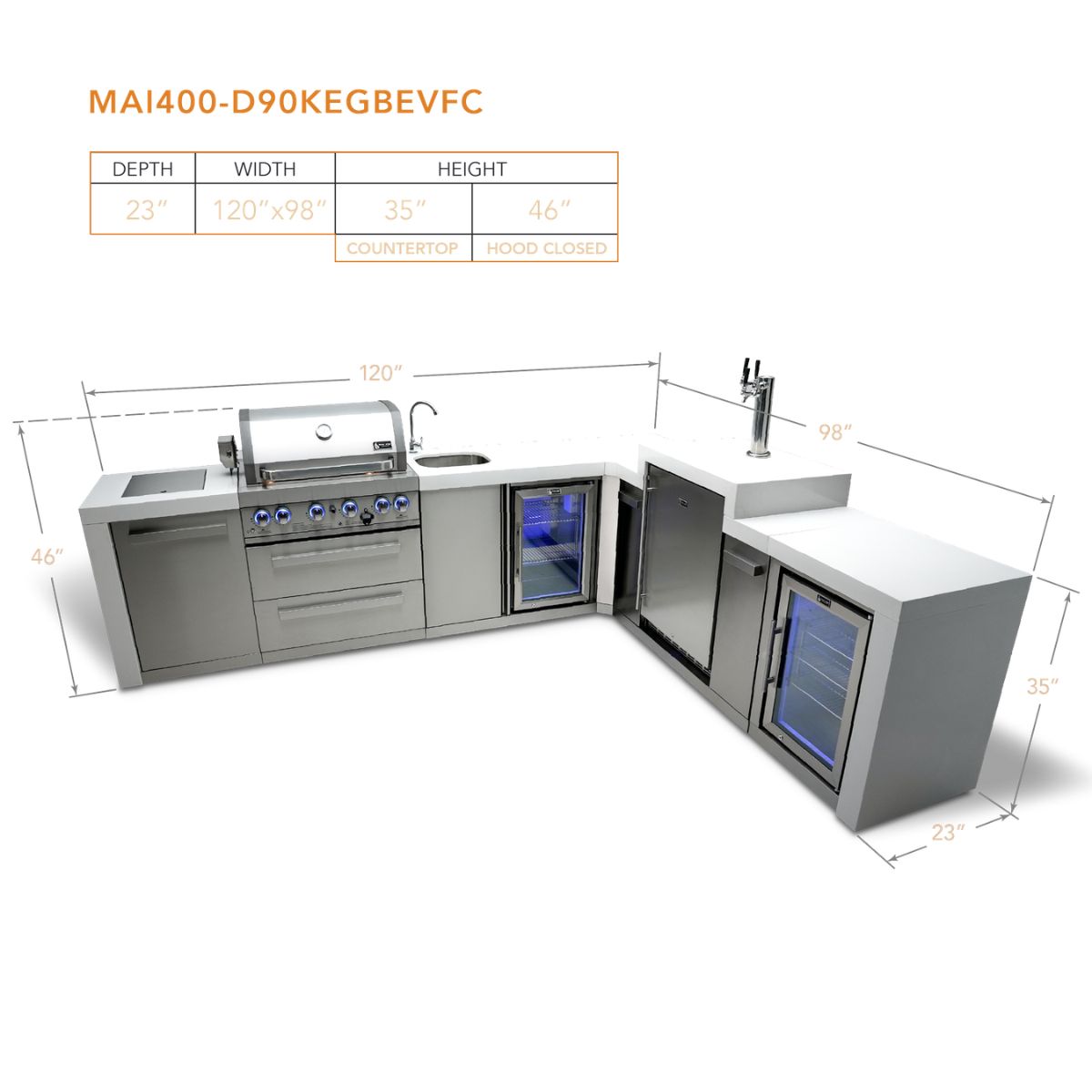 Mont Alpi 4-burner Deluxe Island with a 90-degree corner, kegerator, beverage center and fridge cabinet